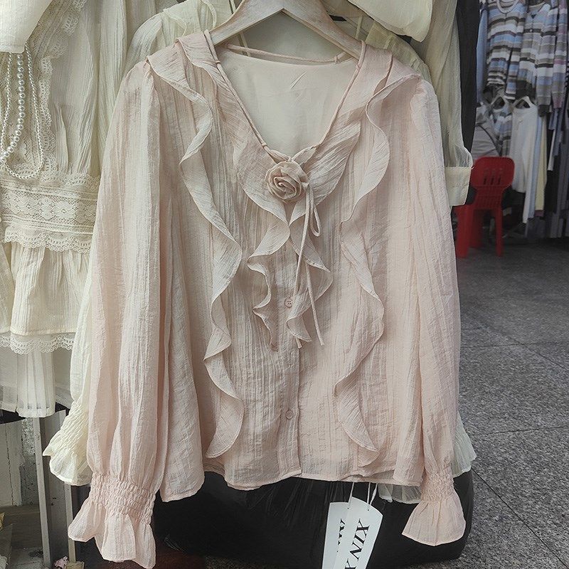 2024秋季新款法式V领荷叶边衬衫女喇叭袖长袖衬衣气质雪纺衫上衣,淘宝优惠券,粉丝福利购,淘宝优惠卷