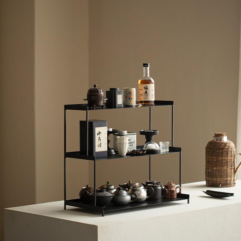 Grass and Wood Temple Iron Art Solid Wood Three-Level Trapezoidal Tea Shed Tea Set Teapot Storage Display Cabinet Cup Holder Tea Set Holder Tea Set Holder