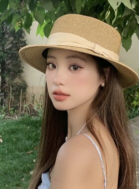 防晒平顶草帽夏季出游礼帽平沿海边遮阳草编度假沙滩法式帽子法式