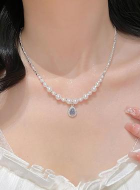 海蓝宝施家珍珠碎银子项链