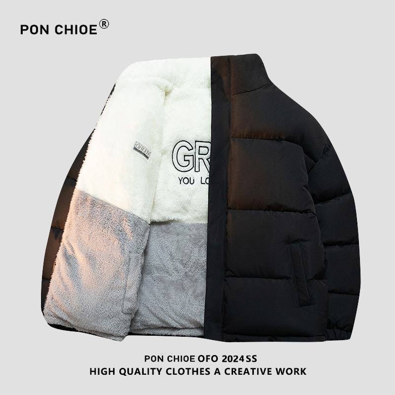 ponchioe羽绒棉服男女冬季宽松双面穿羊羔绒加绒加厚保暖棉衣外套