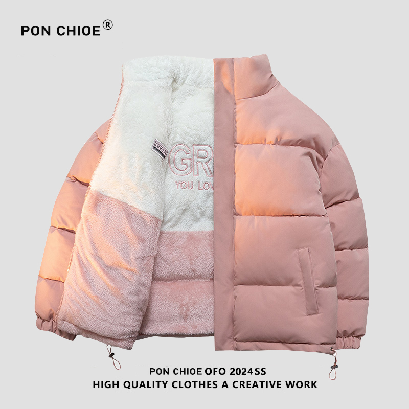 ponchioe羽绒棉服男女冬季宽松双面穿羊羔绒加绒加厚保暖棉衣外套