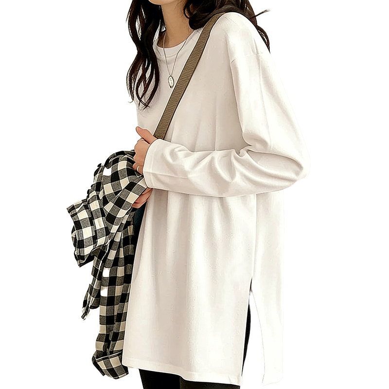 都市丽人纯棉内搭打底衫女冬季2025新款白色长袖t恤宽松开叉上衣Y