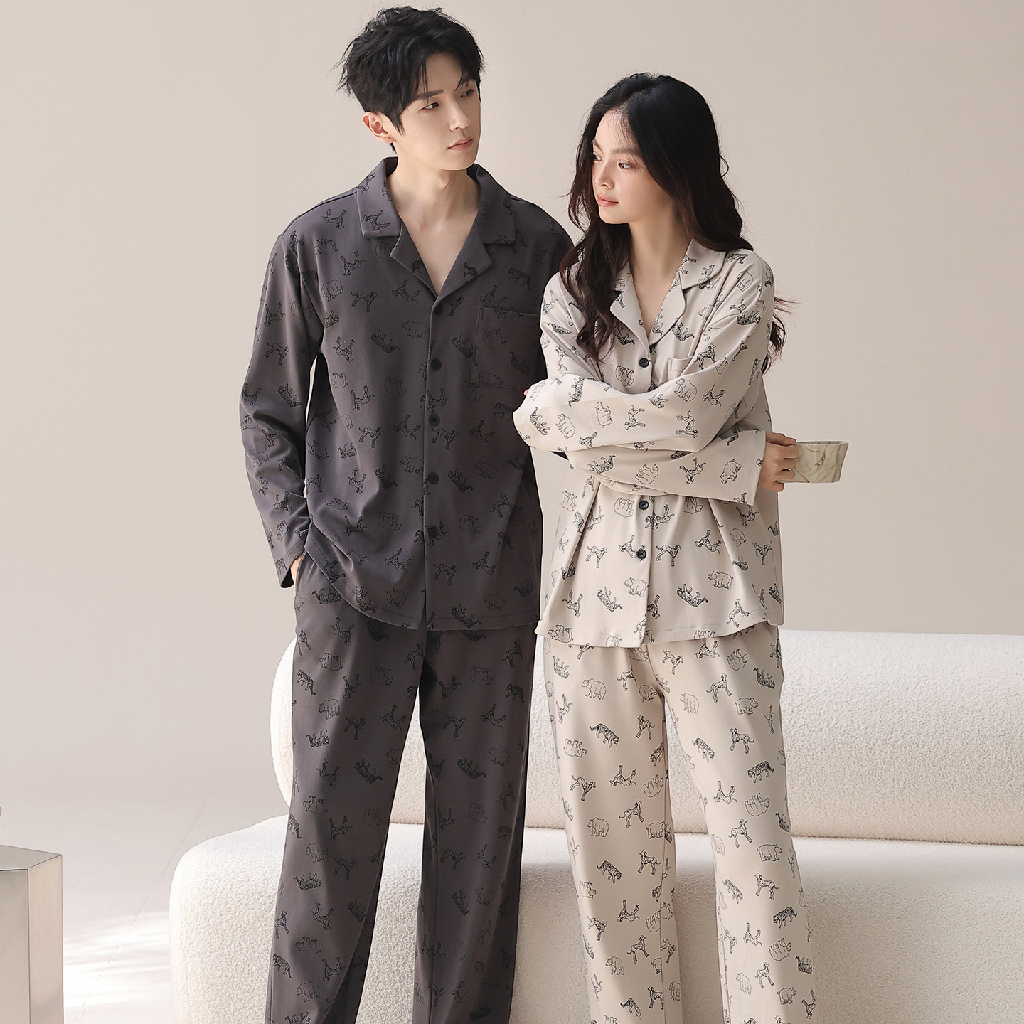 都市丽人春秋季男女纯棉睡衣情侣款长袖开衫翻领可外穿家居服套装,淘宝优惠券,粉丝福利购,淘宝优惠卷