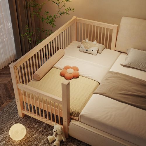 苏北鲁班定制榉木儿童床拼接大床带护栏加宽婴儿宝宝床边实木小床 - 图0