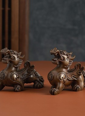 紫铜貔貅公母一对摆件招财瑞兽家居客厅玄关酒柜办公室桌面摆件