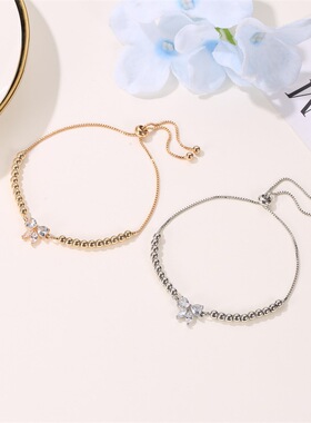 ins风小清新微镶锆石蝴蝶结手链韩版文艺甜美串珠可调节学生手饰