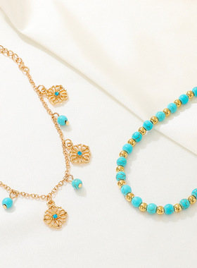 欧美时尚复古两件套合金松石手链 镂空花朵吊坠女士手饰