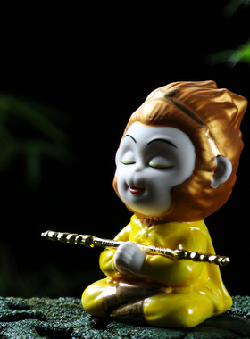 创意精品陶瓷齐天大圣孙悟空禅意鱼缸造景小猴子中式平安装饰摆件