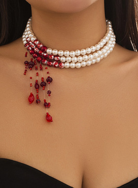 欧美跨境饰品甜酷哥特式血滴流苏项圈项链万圣节个性串珠choker