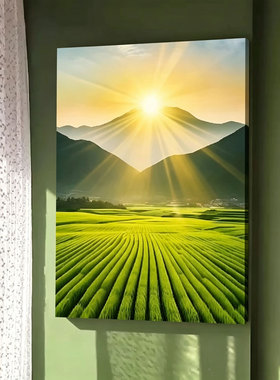 旭日东升靠山装饰画绿色田野日出风景无框画客厅玄关丰收麦田壁画