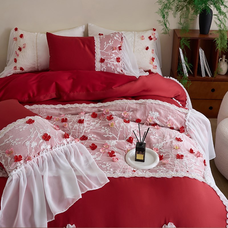 立体花瓣蕾丝花边全棉长绒棉四件套红色结婚O庆被套公主风床单床 - 图2
