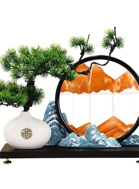 迎客松流沙画摆件办公室装饰品中式客厅玄关电视柜茶室桌面工艺品