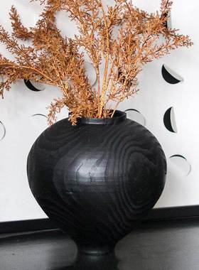 侘寂风仿碳化木纹花器摆件样板房酒店民宿抽象大肚圆形花瓶装饰品
