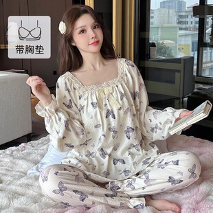 宫廷风蕾丝花边云朵棉女士长袖长裤睡衣套装