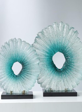 现代简约透明艺术雕塑蓝色浪花太湖石摆件酒店大堂玄关招财装饰品