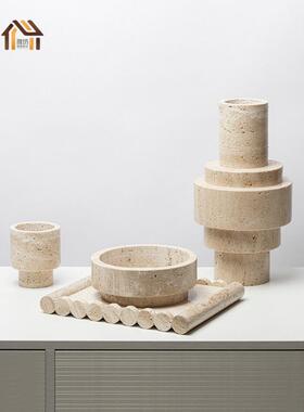 新中式黄洞石花瓶摆件现代客厅圆球正方小凳子大理石花器软装饰品