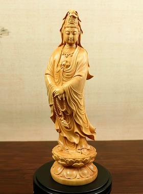 黄杨木南海观音菩萨实木雕刻保佑呵护平安佛像家居客厅摆件工艺品
