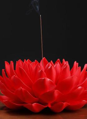 红色大莲花帝王莲陶瓷摆件佛堂装饰品手工仿真瓷花创意办公桌摆设