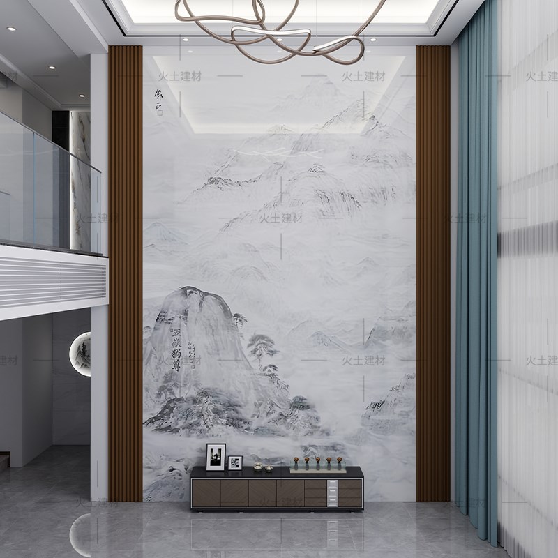 覆式楼高温微晶石岩板电视背景墙瓷砖大理石沙发装饰壁画客厅玄关 - 图2