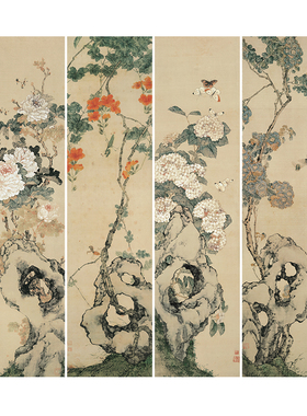 清代居廉草虫花卉湖石四屏图高清微喷仿古画绢布临摹画稿装裱画心