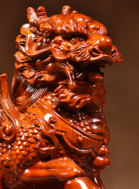 实木雕刻麒麟摆件一对花梨摆件办公室客厅卧室装饰工艺品开业送礼