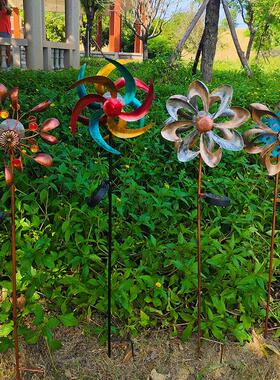 户外太阳能铁艺风车田园风花园造景庭院摆件装饰架子创意旋转风车