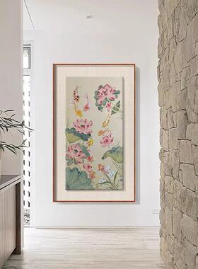 新中国风鲤鱼莲花九鱼图入口装饰画荷叶荷花聚集财富客厅对门挂画