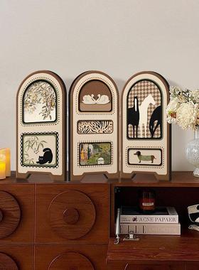 中古风小屏风桌面摆件新中式茶桌家居边柜玄关柜装饰小众复古摆画