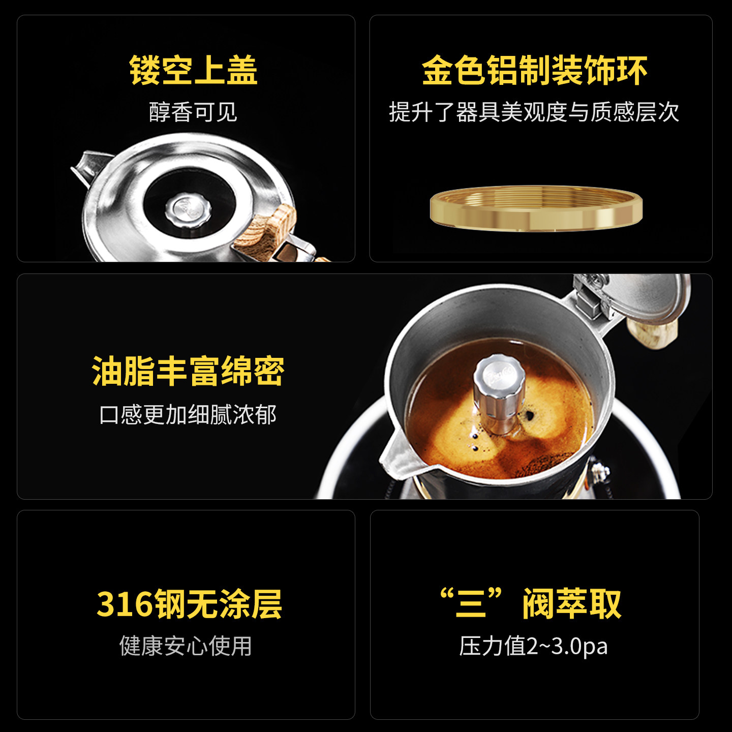 Bincoo三阀摩卡壶双阀316不锈钢家用小型咖啡机意式咖啡壶萃取机,淘宝优惠券,粉丝福利购,淘宝优惠卷