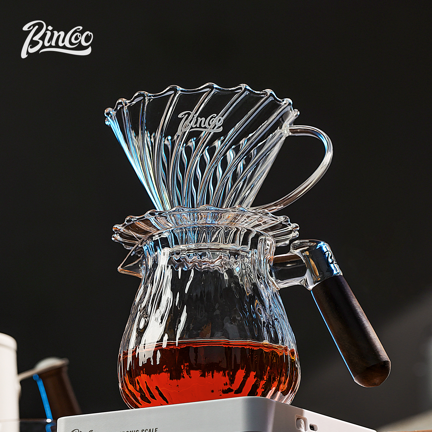 Bincoo树纹木柄手冲咖啡壶套装家用手冲煮磨豆机电子秤滤杯高级感 - 图3