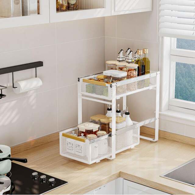 Multifunctional kitchen pull-out dishes storage rack iron mesh double-layer pull-out basket sink countertop drain bowl rack