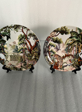 热带森林动物装饰盘 出口创意植物豹子家居陶瓷摆件 客厅装饰挂件