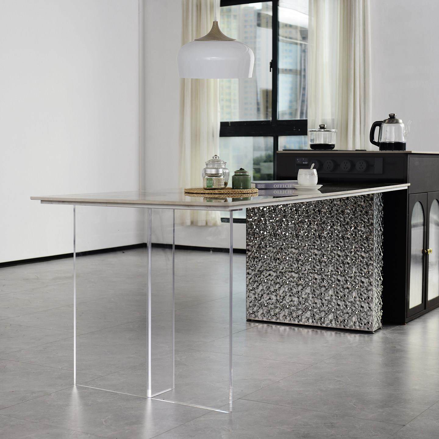 意式极简长方形岩板餐桌椅轻奢现代水波不锈钢压克力悬浮吃饭桌子,淘宝优惠券,粉丝福利购,淘宝优惠卷