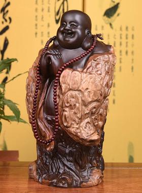 黑檀实木雕刻弥勒佛根雕摆件大号恭喜笑佛像工艺品红木家居送礼品