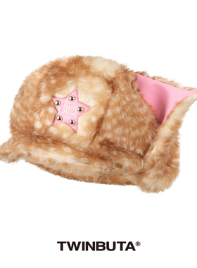 TWINBUTA｜MY BUTA DEER 小鹿纹毛绒耳朵拼皮钉珠贝雷帽
