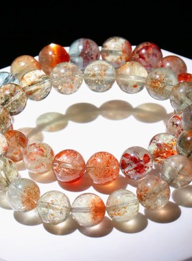 天然绿体共生阿鲁沙太阳石白水体水晶手链绿柱石金草莓晶饰品手串