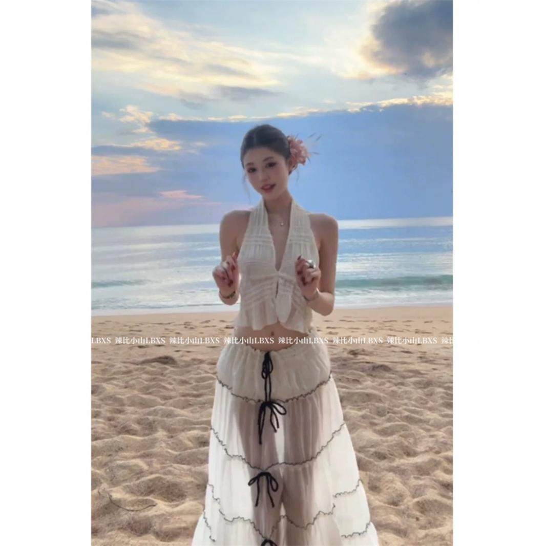 度假风穿搭套装纯欲风美背V领无袖挂脖背心高腰网纱半身长裙套装,淘宝优惠券,粉丝福利购,淘宝优惠卷