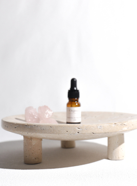 侘寂风黄洞石三脚托盘摆件香薰托盘样板间书房客厅软装艺术摆台