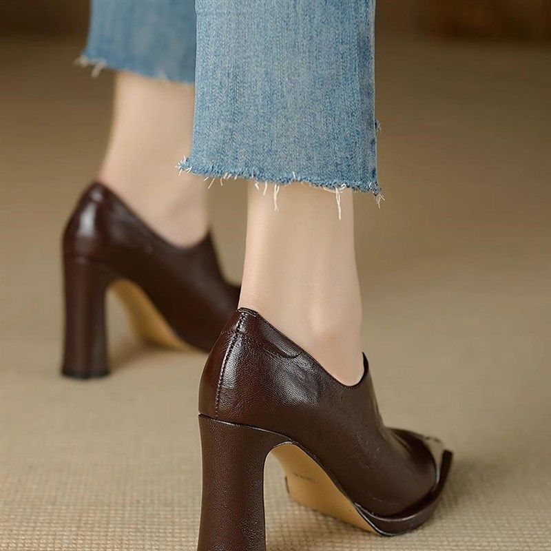 深口单鞋女尖头高跟鞋2024年秋季新款英伦风防撞金属头黑色小皮鞋,淘宝优惠券,粉丝福利购,淘宝优惠卷