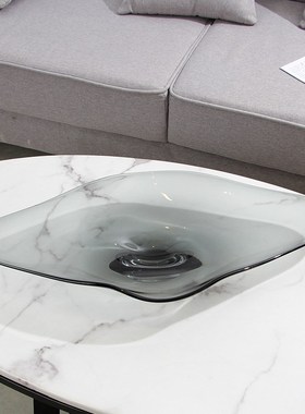 家居现代酒店前台摆件灰色玻璃水果盘样板房装饰售楼处摆场摆设