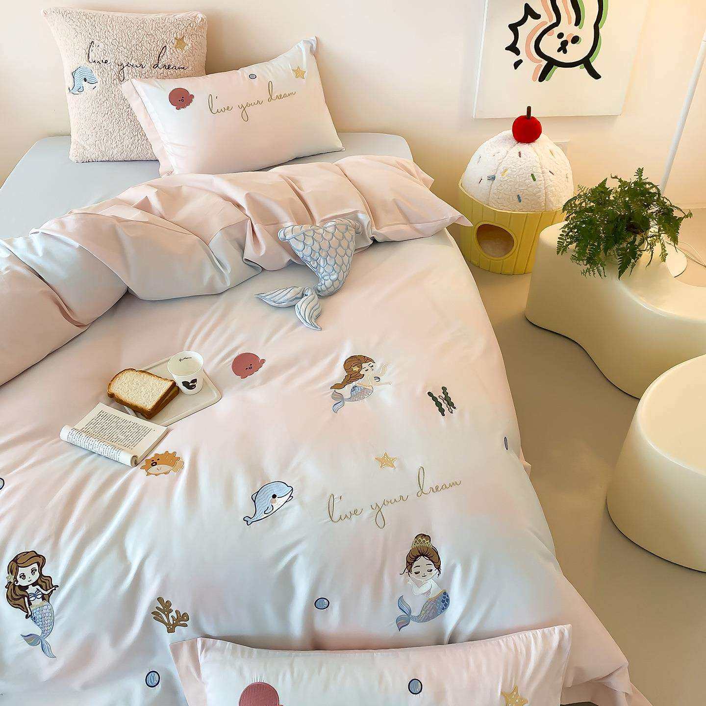 秋孩冬新品少女心美人鱼毛全棉瓷磨四件套儿童女575陶加厚床品三,淘宝优惠券,粉丝福利购,淘宝优惠卷