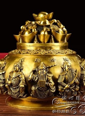 纯铜带盖聚宝盆摆件五路财x神聚宝金盆大小号家居工艺装饰礼品
