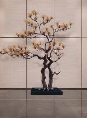 新中国风售楼处酒店大堂欢迎松木装饰饰品客厅入口金属地板站立财