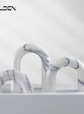 几何半圆拱形装饰摆件样板间客厅博古架软装摆设品黄洞石手工艺品