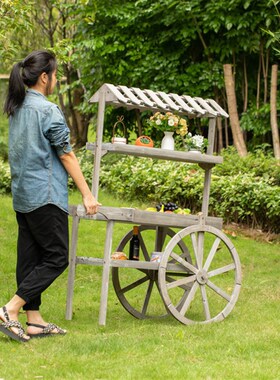 大型实木花车花架置物架花店装饰别D墅陈列展示室内外移动推车田