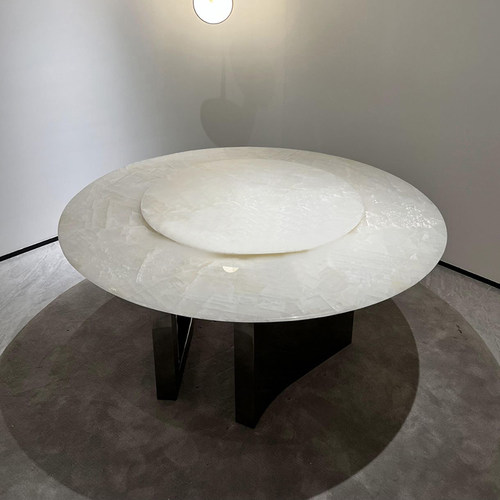 简奢圆形餐e桌带转盘卡里冰玉天然奢石现代简约大户型家用餐桌椅 - 图1