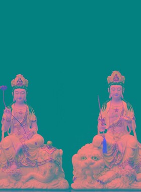 热销文殊普贤佛像汉白玉珐琅彩普贤文殊菩萨摆件家用客厅供奉华严