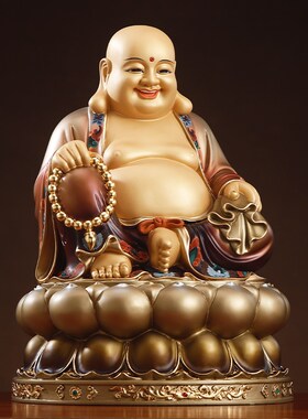 热销盛唐彩绘弥勒佛大肚开心笑佛像铜弥勒佛菩萨招财摆件太古大肚