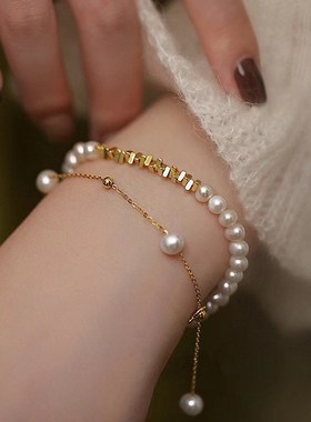 天然淡水珍珠手链叠戴新款女轻奢小众设计双层高级感小碎金手串冬